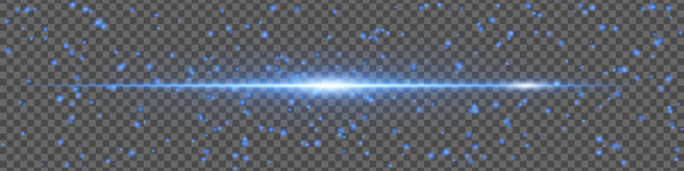 Blue light flare with sparkling particles and motion glow on transparent background. Horizontal energy beam for design and VFX.