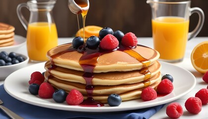 A delightful stack of golden pancakes topped with fresh berries and drizzled syrup for a tasty treat.