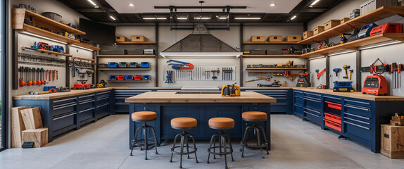 Well organized workshop interior featuring tools workbenches and storage solutions