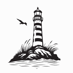 Bode Island Lighthouse vector. Lighthouse Landscape Black White Stock Illustrations.