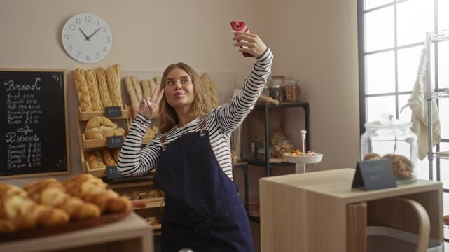 Young woman taking selfie in bakery shop while showing victory gesture, surrounded by bread pastries indicating indoor setting