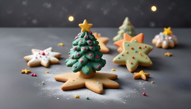 Delightful Christmas cookies in various festive shapes, creating a charming holiday scene.