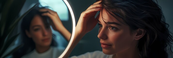 Naklejka premium Woman admires her reflection gently touching her hair in a dimly lit room soft light illuminating
