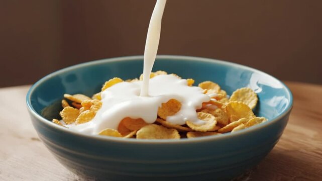 Milk falling on cornflakes in a bowl in slow motion