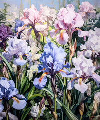Beautiful blooming irises in soft purple, pink, and white hues, oil painting of spring flowers.	
