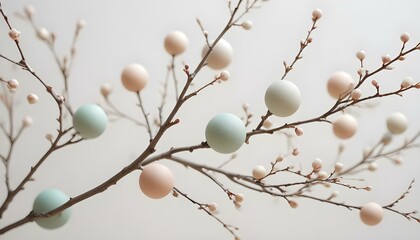 Elegant display of pastel-colored easter eggs on delicate tree branches against white.