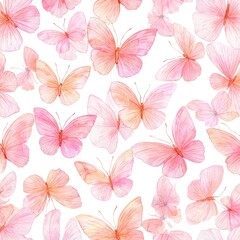 Watercolor Pastel Pink Butterflies Seamless Pattern on White Background