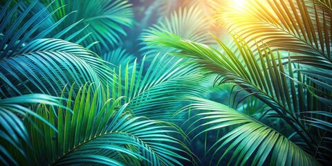 Fototapeta premium Palm fronds with blue-green hues and delicate veins against a soft natural light background, set amidst lush tropical foliage, botanical, foliage