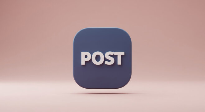 A simple, digital post button in a muted, mauve-tone studio setting. 3D rendered graphic button with simple typography.