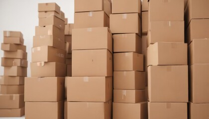 Neat stack of brown cardboard boxes on white background , recycling, reduce, texture