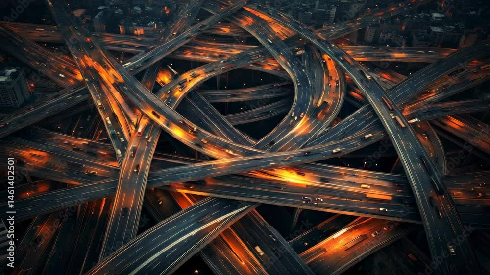Poster cars and trucks are driving on a complex highway interchange at dusk, with city lights illuminating 
