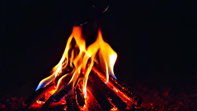 Vibrant campfire ablaze in the darkness, creating a warm and inviting atmosphere. The flickering flames cast dancing shadows, producing a mesmerizing display of light and color