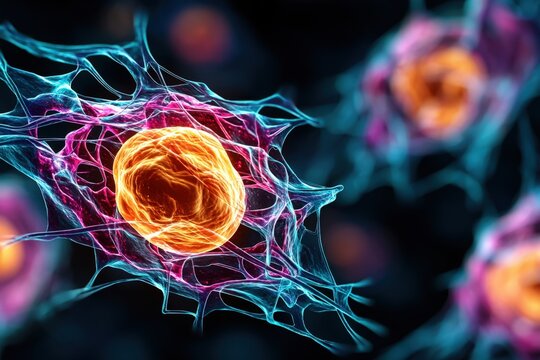 Nucleus inside a human cell with chromatin and nucleolus glowing softly 