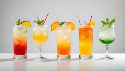 A vibrant selection of five expertly crafted cocktails, beautifully garnished and ready to drink.