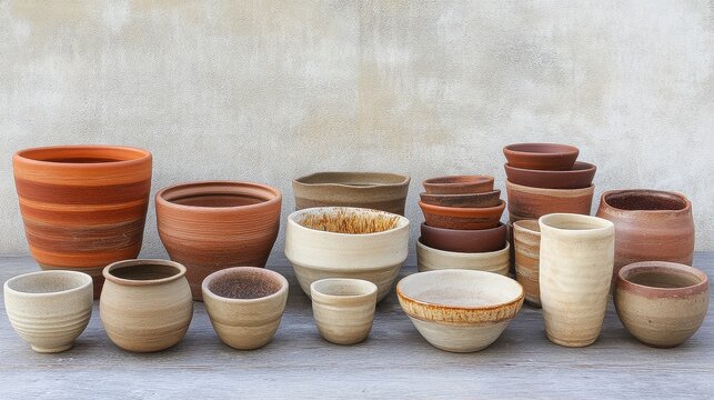 Group terracotta pottery handmade earthware clay bowls jars pots arty display earthy tones rustic natural decor traditional market stall product banner DIY lifestyle learn maker. - Powered by Adobe