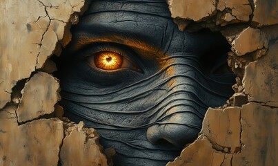 Mysterious cracked wall revealing intense eye with fiery glow and textured skin