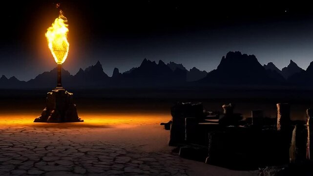 A solitary torch burning brightly against a backdrop of a stark landscape