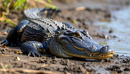 Fototapeta premium Large Alligator on Muddy Riverbank in Sunlight