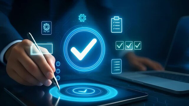 Digital Task Approval and Workflow Validation Concept with Checklist Icons and Verified Process on Tablet

