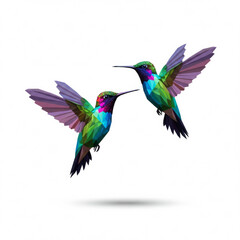 Fototapeta premium Geometric hummingbird pair in flight against a white background. A vibrant display of colorful, polygonal hummingbirds in mid-air, showcasing a dynamic artistic style.