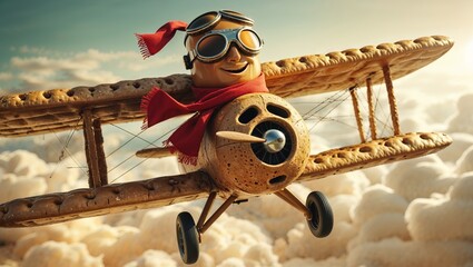 Cookie Airplane Cartoon Pilot Flying Through Clouds