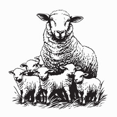 Domestic Sheep with Their Little Ones in a Spring Meadow Setting