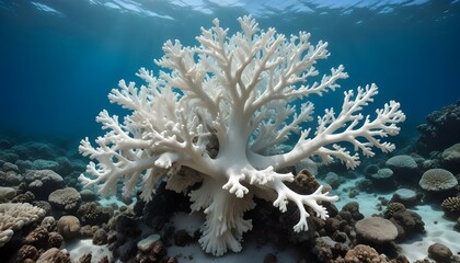 Fototapeta premium A striking white coral formation thrives beneath the tranquil, clear blue sea water environment.
