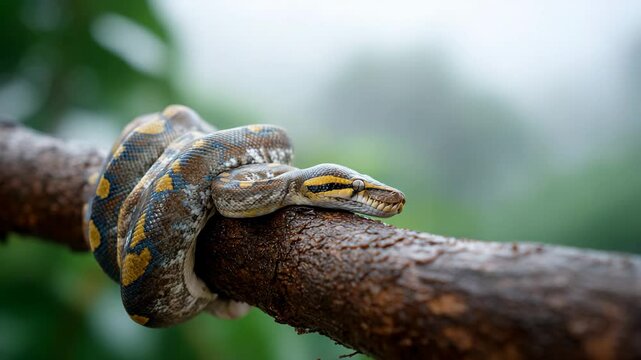 This stunning image showcases a colorful snake resting gracefully on a tree branch, surrounded by a blurred natural background in a peaceful, misty environment.