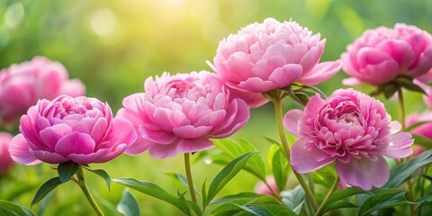 Delicate pink peony flowers in full bloom with soft petals unfolding against a blurred green grassy background , pink color, fresh natural flower