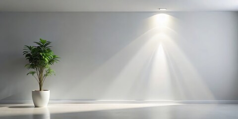 A minimalist room with a single spotlight shining on a small potted plant, surrounded by clean lines, white walls, and a few carefully placed decorative objects , concept, serenity