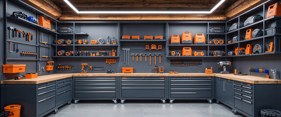 Well-organized workshop interior featuring tools and storage in a modern garage