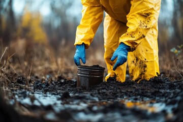 A worker in a hazmat suit testing contaminated soil near a leaking chemical barrel