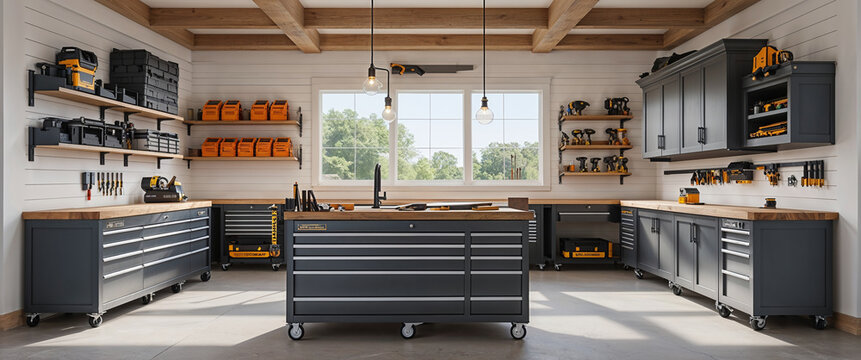 Well-organized workshop interior featuring tools and equipment storage space