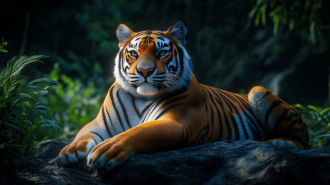 Majestic Bengal Tiger Resting on Rock in Lush Jungle with Dramatic Lighting
