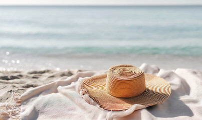 a wide-brimmed straw hat placed on a smooth beach towel, with the sea in the background
