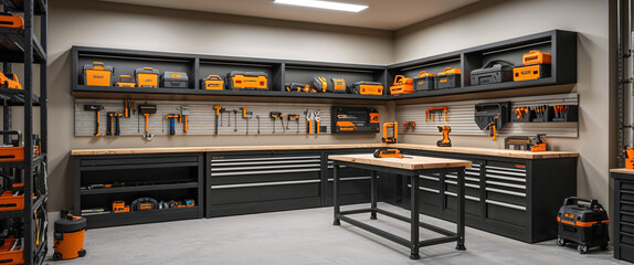 Well-organized workshop with a variety of tools and toolboxes arranged neatly