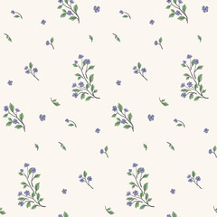 Seamless floral pattern, simple ditsy print in liberty rustic motif. Delicate botanical design of small hand drawn plants, tiny leaves, twigs, mini blue flowers on white field. Vector illustration. © Yulya i Kot