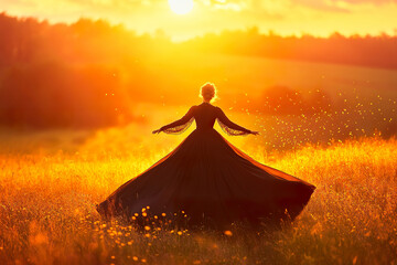Woman in flowing dress dances in golden sunset field
