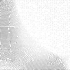A grayscale of densely packed dots gradually transitions from a concentrated to a dispersed edge.