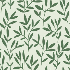 Seamless botanical pattern, liberty floral print with simple plant silhouettes. Delicate design in two colors. Hand drawn leaves, minimalist green foliage in abstract composition. Vector illustration.