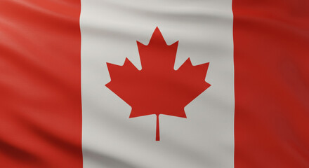 Canadian flag with red and white colors in a waving motion. National symbol of Canada in a detailed close-up view. A professional image for general use.