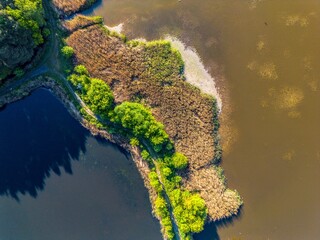 Beautiful green forest in the Polish countryside from a drone, lakes in Poland and a forest in the background, amazing drone shot of a forest, photos of a lake in Poland, amazing green island