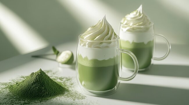 Two glasses of matcha latte with whipped cream, illuminated by sunlight  Green matcha powder is beside the drinks