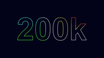 200k text icon. Glowing 200k text  animation on black background.