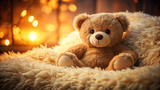 A cuddly teddy bear lying on a plush pillow, with its paws curled up and its soft fur fluffed out