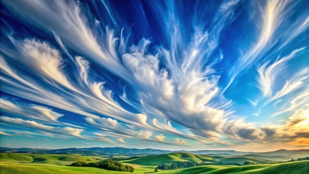 Softly glowing clouds drift lazily across the cerulean sky with wispy tendrils of cirrus stretched out in every direction, rolling hills, gentle hills