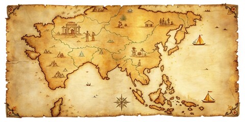 Old yellowed parchment with hand-drawn illustrations of Indian states and neighboring countries, including the Himalayan Mountains and the Arabian Sea , india map, ancient maps