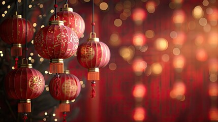 Red lanterns with intricate patterns, festive ambiance.