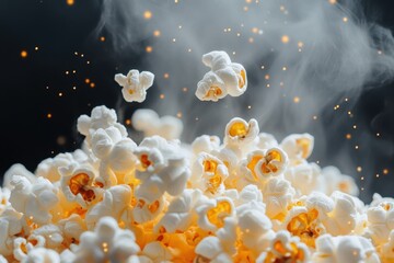 Fototapeta premium popcorn exploding from a hot pan, steam rising as kernels pop