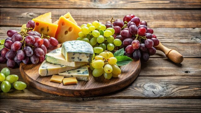 Fresh grapes and assorted cheeses arranged on a rustic wooden board , snack, table setting,  snack, table setting, wine accompaniment